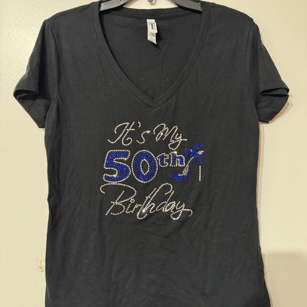 It's My 50th Birthday shirt XL Blue and Clear Rhinestone High Heel Detail